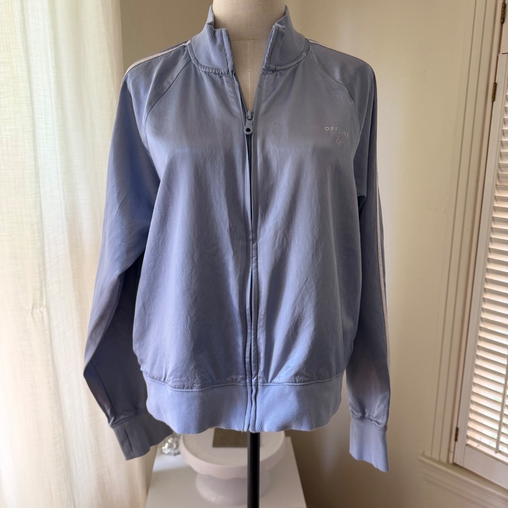 Aerie Offline Women Light Blue‎ Satin Track Jacket Full Zip Striped Sleeve L - Picture 5 of 5